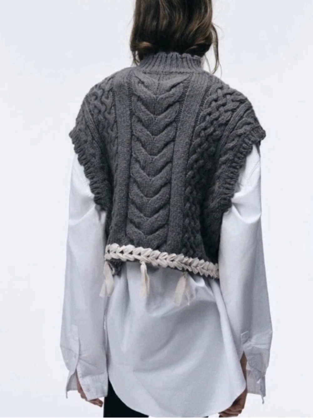 Zara Charcoal Cable-Knit Mock Neck Sleeveless Crew Sweater Vest, size xs-s - Picture 11 of 11